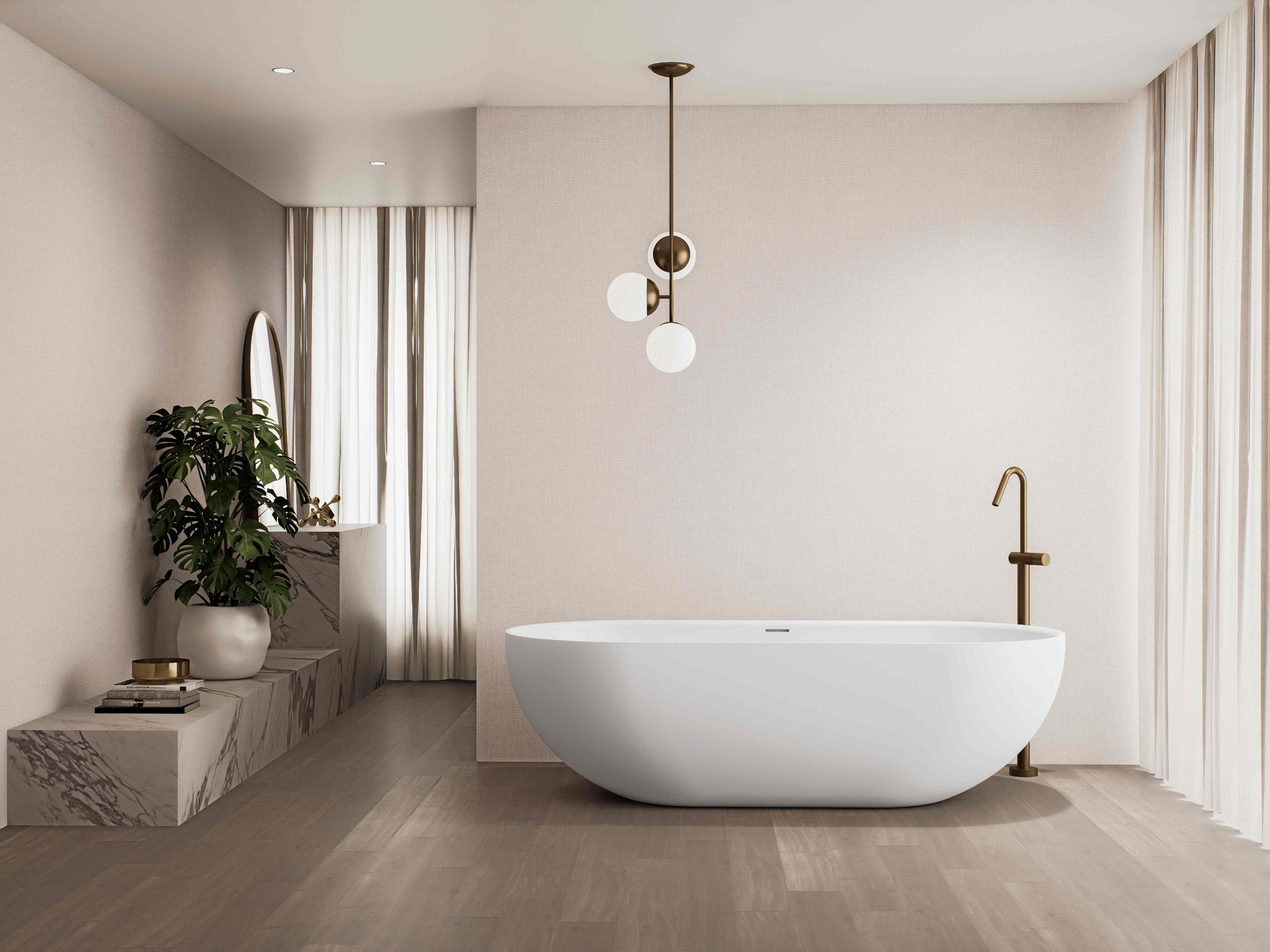 bathing, bathtub, person, tub, plant, lamp, indoors, interior design