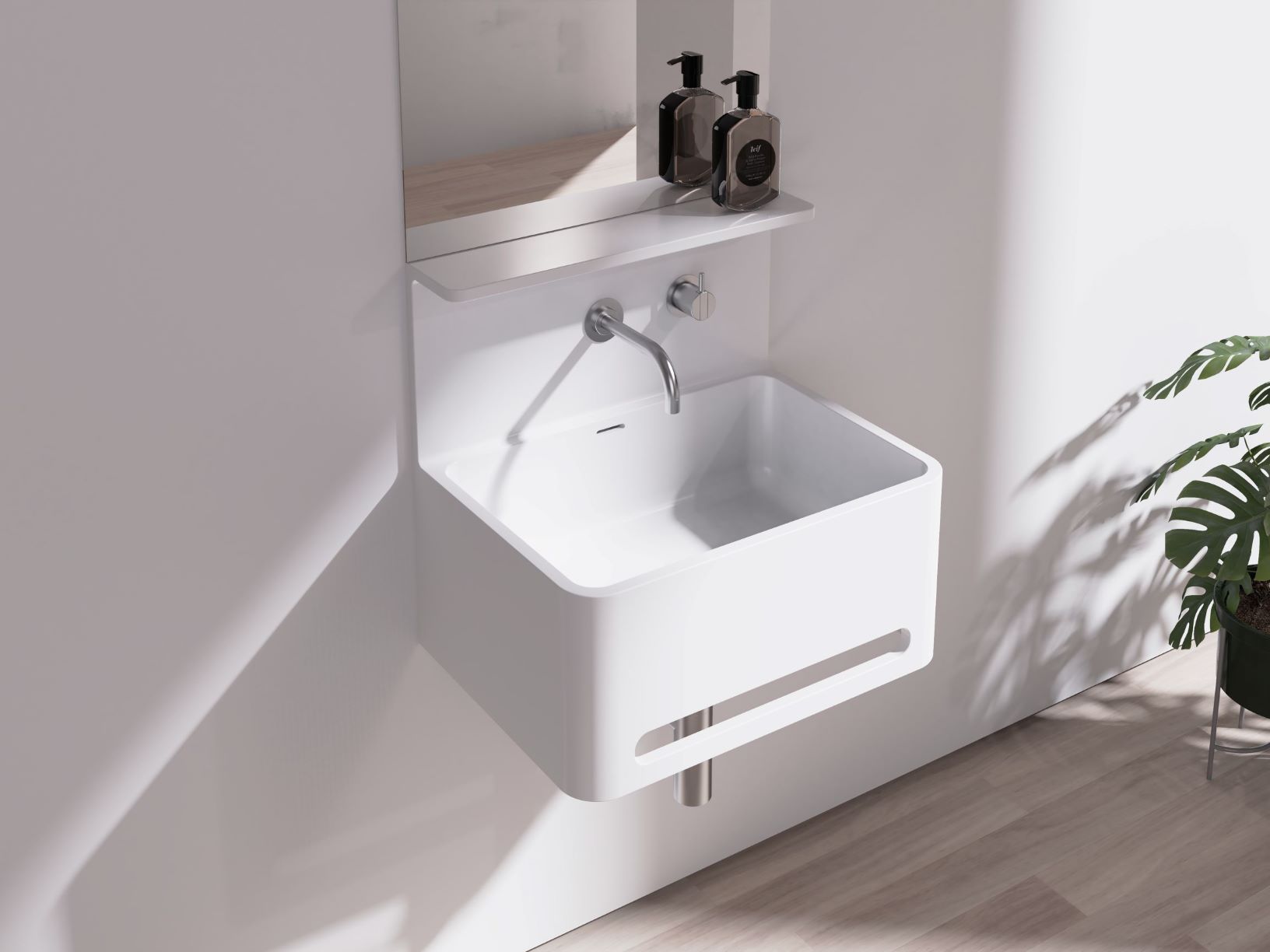 Vision Wall Basin with Towel Rail, Splashback, and Shelf