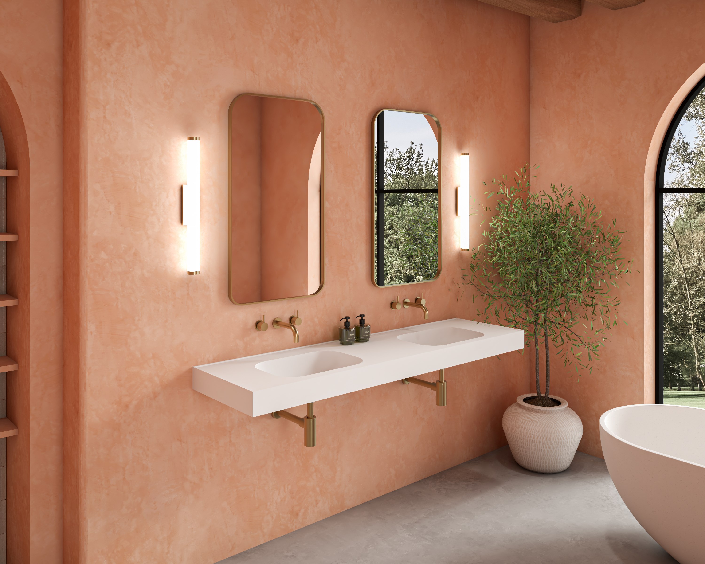 corner, plant, sink, sink faucet, lamp